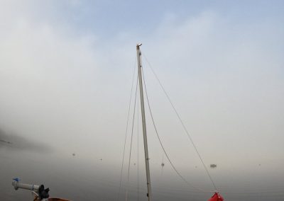 My first ever sail in fog. Onboard Mochyn Du my Mirror Dinghy