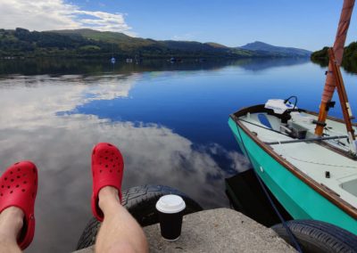 Coffee time on the dock at Lake Bala with my Drascombe Lugger